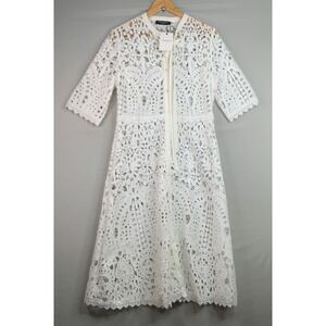 Few Moda New York White Lace Midi Dress Button Front Ribbon Tie Womens XL